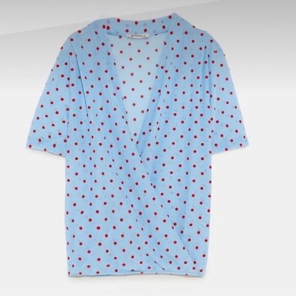 ZARA TRAFALUC baby blue red polka dot semi sheer mesh retro top S B18 - Picture 4 of 9